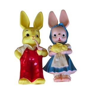 Vintage Blow Mold Easter Bunny Figurines 1950s Toy Bank Knickerbocker couple